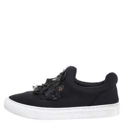 Pre Owned Tory Burch Black Neoprene And Leather Blossom Floral Applique Slip On Sneakers Size 37.5