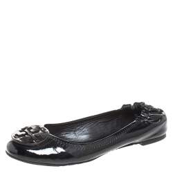 Tory Burch Black Patent Leather Reva Scrunch Ballet Flats Size 37.5