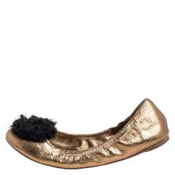 Tory Burch Metallic Bronze Crackled Leather And Black Fabric Flower Scrunch Ballet Flats Size 40