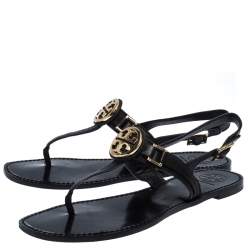 Pre Owned Tory Burch Black Leather Logo Detail Thong Slingback Sandals Size 39.5