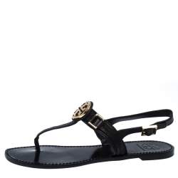 Pre Owned Tory Burch Black Leather Logo Detail Thong Slingback Sandals Size 39.5