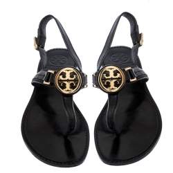 Pre Owned Tory Burch Black Leather Logo Detail Thong Slingback Sandals Size 39.5