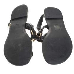 Pre Owned Tory Burch Black Leather Logo Detail Thong Slingback Sandals Size 39.5