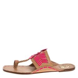 Pre Owned Tory Burch Beige/Pink Leather Caylan Toe Ring Flats Size 40