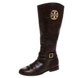 Pre Owned Tory Burch Brown Leather Knee Length Boots Size 39.5