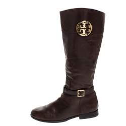 Pre Owned Tory Burch Brown Leather Knee Length Boots Size 39.5