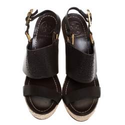 Pre Owned Tory Burch Dark Brown Leather Kimberly Platform Wedges Sandals Size 37