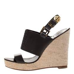 Pre Owned Tory Burch Dark Brown Leather Kimberly Platform Wedges Sandals Size 37