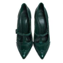 Pre Owned حذاء كعب عالي توري بر افرلي جلد نقش ثعبان بروغي أخضر مقاس 39