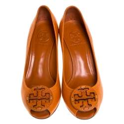 Pre Owned حذاء كعب عالي توري برش جلد برتقالي كعب روكي بالشعار كعب روكي مقدمة مفتوحة مقاس 36.5