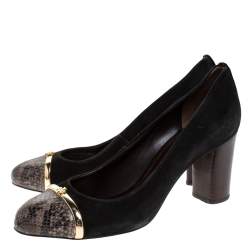 مملوكة مسبقًا حذاء كعب عالي توري برش غطاء مقدمة جلد نقش ثعبان رمادي وسويدي أسود مقاس 38.5