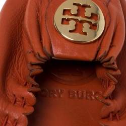 Pre Owned Tory Burch Orange Leather Tassel Scrunch Ballet Flats Size 39.5