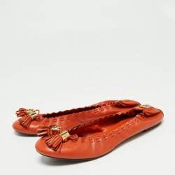 Pre Owned Tory Burch Orange Leather Tassel Scrunch Ballet Flats Size 39.5