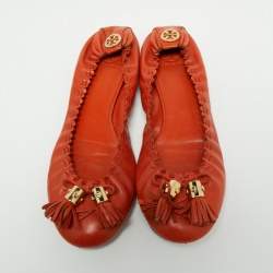 Pre Owned Tory Burch Orange Leather Tassel Scrunch Ballet Flats Size 39.5