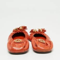 Pre Owned Tory Burch Orange Leather Tassel Scrunch Ballet Flats Size 39.5