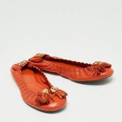 Pre Owned Tory Burch Orange Leather Tassel Scrunch Ballet Flats Size 39.5