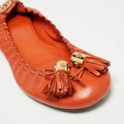 Pre Owned Tory Burch Orange Leather Tassel Scrunch Ballet Flats Size 39.5
