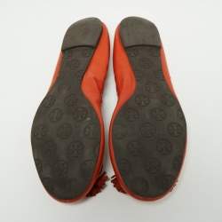 Pre Owned Tory Burch Orange Leather Tassel Scrunch Ballet Flats Size 39.5