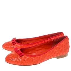مملوكة مسبقًا Tory Burch Orange Quilted Leather Bow Ballet Flats Size 37