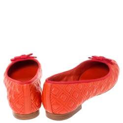 مملوكة مسبقًا Tory Burch Orange Quilted Leather Bow Ballet Flats Size 37