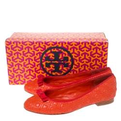مملوكة مسبقًا Tory Burch Orange Quilted Leather Bow Ballet Flats Size 37