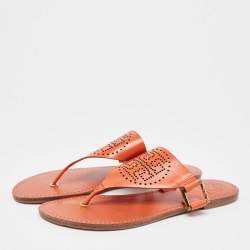 Pre Owned Tory Burch Orange Perforated Leather Thong Sandals Size 38.5
