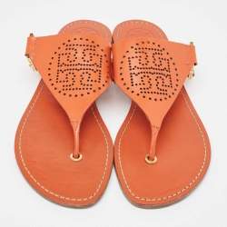Pre Owned Tory Burch Orange Perforated Leather Thong Sandals Size 38.5