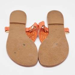 Pre Owned Tory Burch Orange Perforated Leather Thong Sandals Size 38.5