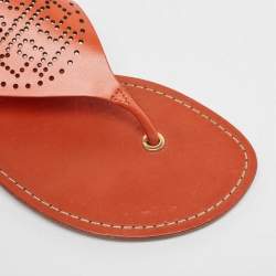 Pre Owned Tory Burch Orange Perforated Leather Thong Sandals Size 38.5