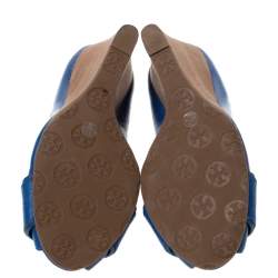 Pre Owned حذاء كعب عالي توري برش كارولين مجعد كعب روكي مقدمة مفتوحة جلد أزرق مقاس 38.5