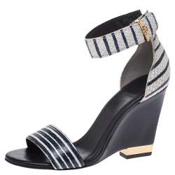 Pre Owned صندل توري برش جلد نقشة الثعبان ثنائي اللون بحزام للكاحل كعب روكي إسبادريل مقاس 37