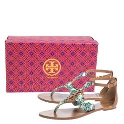 Pre Owned صندل إصبع توري برش "ميلر" جلد بني و وشاح مطبوع مقاس 37