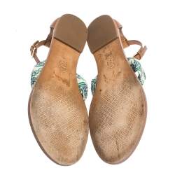 Pre Owned صندل إصبع توري برش "ميلر" جلد بني و وشاح مطبوع مقاس 37