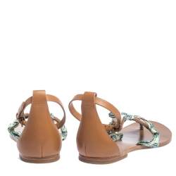 Pre Owned صندل إصبع توري برش "ميلر" جلد بني و وشاح مطبوع مقاس 37