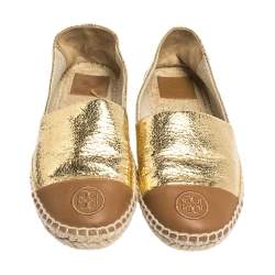 Pre Owned حذاء إسبادريل توري برش بمقدمة بنية اللون جلد بني و جلد مجعد ذهبي مقاس 38