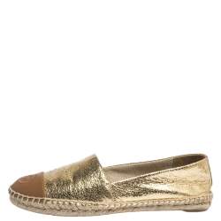 Pre Owned حذاء إسبادريل توري برش بمقدمة بنية اللون جلد بني و جلد مجعد ذهبي مقاس 38