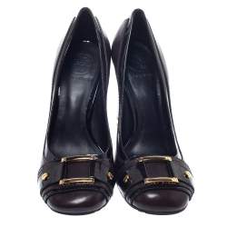 مملوكة مسبقًا حذاء كعب عالي توري برش جلد بني وجلد لامع كعب مربع سميك مقاس 38.5