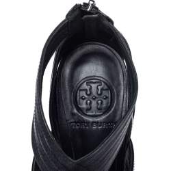 Pre Owned صندل توري برش سيور جلد قفصي أسود مقاس 37.5