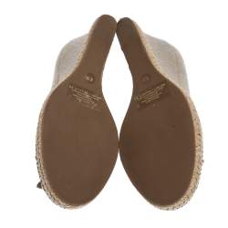 Pre Owned Tory Burch Beige Canvas Jackie Bow Peep Toe Wedge Espadrille Pumps Size 35.5