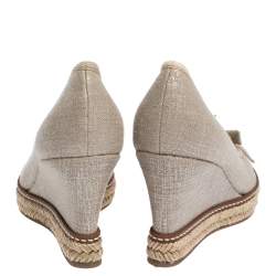 Pre Owned Tory Burch Beige Canvas Jackie Bow Peep Toe Wedge Espadrille Pumps Size 35.5