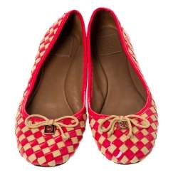 Pre Owned Tory Burch Neon Pink/Beige Prescot Woven Leather Ballet Flats Size 39.5