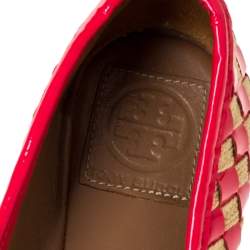 Pre Owned Tory Burch Neon Pink/Beige Prescot Woven Leather Ballet Flats Size 39.5