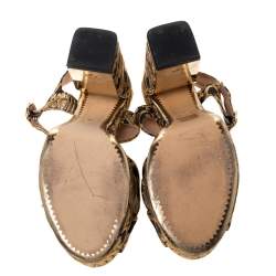 Pre Owned Tory Burch Gold/Black Brocade Fabric Loretta Sandals Size 39