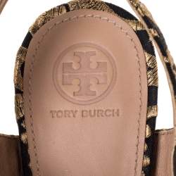 Pre Owned Tory Burch Gold/Black Brocade Fabric Loretta Sandals Size 39