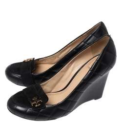 Pre Owned Tory Burch Black Suede And Quilted Leather Leila Wedge Loafer Pumps Size 38