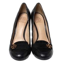 Pre Owned Tory Burch Black Suede And Quilted Leather Leila Wedge Loafer Pumps Size 38