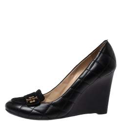Pre Owned Tory Burch Black Suede And Quilted Leather Leila Wedge Loafer Pumps Size 38