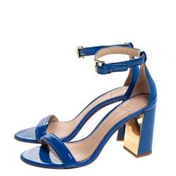 Pre Owned Tory Burch Blue Patent Leather Cecile Block Heel Ankle Strap Sandals Size 37