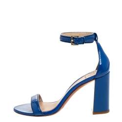 Pre Owned Tory Burch Blue Patent Leather Cecile Block Heel Ankle Strap Sandals Size 37