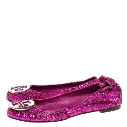 Tory Burch Metallic Pink Coarse Glitter Fabric Minnie Ballet Flats Size 38